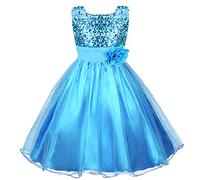 Discoball Abito da Principessa (Paillettes Tulle Fiore) in Pizzo senza Maniche per Matrimonio, Festa di Compleanno, Concorso, Damigella d'Onore per Bimba (6-7 Anni, Blu)