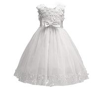 Discoball Abito da principessa per ragazze, con fiocco in tulle, con ricamo, fiore e ragazza, per feste di compleanno, matrimonio, damigella d'onore, bianco, 2-3 Anni