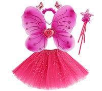 Discoball Set costume da fata da principessa, con gonna tutù, ali di farfalla, magiche ali di farfalla, set con ali di farfalla, bacchetta magica e fascia per capelli, per bambine dai 3 agli 8 anni