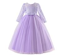Discoball Vestito da bambina in pizzo, con maniche a 3/4, lunghezza fino al pavimento, per bambine, per matrimoni, balli di fine anno, damigella d'onore, feste per 4-13 anni (viola, 8-9 anni)