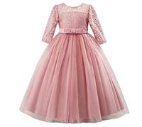 Discoball Vestito da bambina in pizzo, con maniche a 3/4, lunghezza fino al pavimento, per bambine, per matrimoni, balli di fine anno, damigella d'onore, feste per 4-13 anni (rosa, 6-7 anni)