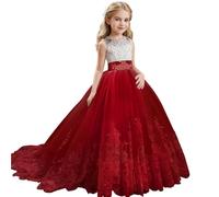 Discoball Vestito da principessa per ragazze, con fiocco floreale, abito da sposa o damigella d'onore, per 6-15 anni, lunghezza fino al pavimento, Rosso, 8-9 Anni