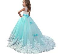 Discoball Vestito da principessa per ragazze, con fiocco floreale, abito da sposa o damigella d'onore, per 6-15 anni, lunghezza fino al pavimento, Verde, 14-15 Anni