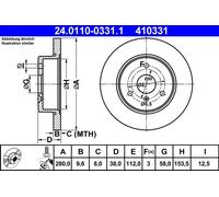 ATE disco freno 24.0110-0331.1 pieno diametro 280 spessore 9,6 mm 3 fori