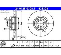 Disco freno ATE 24.0128-0308.1 anteriore, ventilato, altamente carbonizzato, 1 pezzo