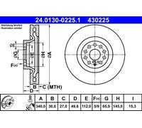 Disco freno ATE 24.0130-0225.1 anteriore, ventilato, altamente carbonizzato, 1 Pezzo