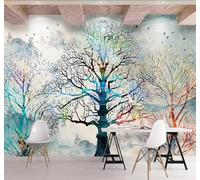 Disegno A Mano Libera Acquerellato Foresta Uccelli In Volo Paesaggio 3D Carta Da Parati Facile Installare Mobili Sfondi Ufficio Divano Camera Letto Sfondo Decorazione Murale-430cm×300cm