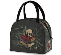 Disegno a mano Teschio nei libri Borsa da pranzo riutilizzabile scura, Borsa termica termica isolata per il rientro a scuola Lavoro Picnic Viaggi Pesca Spiaggia