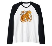 Disegno Astratto Animale Tigre Floreale con Elementi botanici Maglia con Maniche Raglan