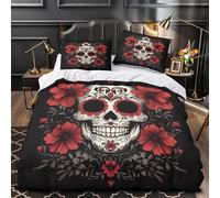 Disegno del teschio di zucchero Set Di Copripiumino 3 pezzi morbida stampa di 3D con federe per cuscini con cerniera Giorno dei Morti floreale copripiumino for adolescenti e adulti Single（135x200cm）