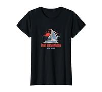 Disegno del Tramonto della Barca a Vela di New York di Port Washington Maglietta con Stampa Grafica Economica, Donna, Nero, XS