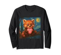 Disegno Panda Rosso Che Tiene Cuore Starry Night Style Maglia a Manica