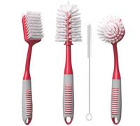 Dish Brush Set of 3 with Bottle Water Brush, Dish Scrub Brush and Scrubber Brush - Kitchen Scrub Brushes Ergonomic Non Slip Long Handle for Cleaning Cleaner Wash Sink Dishes Bottle Cup Glass Pot (Red)