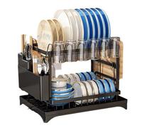 Dish Drainers for Kitchen Sink, 2 Tier Large Dish Drying Rack for Kitchen Counter with and Cutlery Holder, Drainboard, Rust Proof Metal, Space Saving, Compact Plates Strainers