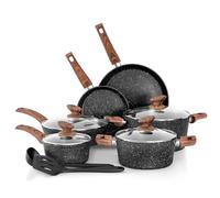 DishDelight Set di pentole a induzione, 12 pezzi, in granito, antiaderente, nero, pentole e padelle Cookware, padella con coperchi in vetro