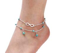 Dishowme Bracciale cavigliera Infinito turchese Fortunato 8 perline Cavigliera Boho a strati con perlineGioielli con catena per piedi estivi da spiaggia per donne ragazze (Argento)