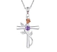 Dishowme Collana con ciondolo a croce rosa Collana con crocifisso a foglia di fiore di cristallo Gioielli con croce cristiana religiosa per donne ragazze adolescenti (Viola)