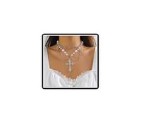 Dishowme Collana con ciondolo a cuore con perla Collana con fiocco a croce in cristallo Catena vintage Boho a strati con nappe di fiori di perle finte per donne e ragazze (Argento B)