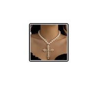 Dishowme Collana con ciondolo a forma di croce di perle di cristallo punk finto collana collana vintage strass crocifisso gioielli per donne donne, Taglia unica, Strass Metallo Perla artificiale