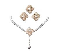 Dishowme Collana di perle Orecchini Set Collana con pendente a forma di fiore di camelia di cristallo Gioielli vintage con perle finte a strati per donne e ragazze (Bianco A)