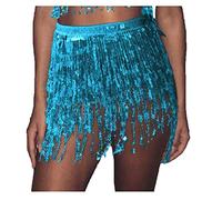 Dishowme Gonna da Ballo con Paillettes da Donna Vestito da Danza del Ventre Glitter Nappa Frange Sciarpa per Anca Rave Cintura Avvolgente Costume per Ragazze (Blu)