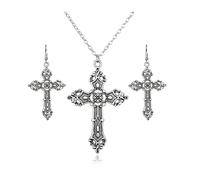 Dishowme Set di 3 Pezzi con Collana, Orecchini e Crocifisso in Stile Gotico, Vintage, Punk, Vampirico per Donne, Fedeli Cristiane che Pregano, Einheitsgröße, Lega di acciaio, Nessuna pietra preziosa