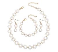 Dishowme Set di 4 collane con fiori di perle, orecchini e braccialetto, stile vintage, con perle finte, girocollo, collare, set di gioielli per donne