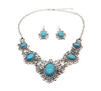 Dishowme Set di orecchini turchesi con gemma bohémien, collana con ciondolo a forma di fiore, 3 pezzi, vintage, geometrico, goccia d'acqua, costume occidentale, gioielli per donne e ragazze, Lega di
