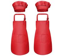 Disino 4 Pezzi Rosso Bambini Grembiule e Cappello da Cuoco, Grembiuli da Chef con 2 Tasche per Ragazze Ragazzi, Bambino Grembiule da Cucina per Pittura Cottura Cucinare Artigianato (7-13 Anni)