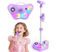 Dislocati Microfono Karaoke per Bambini con Supporto, 2 Microfoni Wireless, Luci Colorate, Regalo Natale per Bambini 3 4 5 6 7 8 Anni, Altezza Regolabile 47-108 cm, Bluetooth, USB, AUX, TF Card
