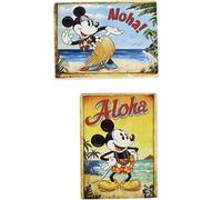 Disney 2 Calamite (magnete) Topolino Mickey Mouse & Minnie Mouse Aloha Stile Vintage per Frigorifero/Garage/Bar da Collezione Stampa su Legno 10x6cm.