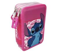 Disney Astuccio Multiscomparto 3 Zip Stitch Fiori Colore Rosa Completo 44 Pezzi