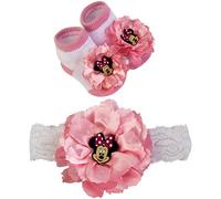 Disney Baby Girls' Minnie Mouse Polka Dot Headwrap and Booties Gift Set, Pink Flowers, 0-12 Months