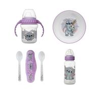 DISNEY BABY Lilo & Stitch - Confezione pasto 1° età - Stoviglie per bambini - Tazza con manici anti-perdite, ciotola antiscivolo, 2 cucchiai con custodia per il trasporto e sgranocchiatore - 10 mesi e
