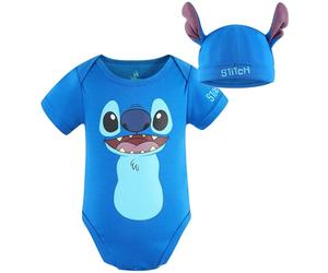 Disney Baby s Short Sleeve Creeper with Cap, Lilo and Stitch, Blue Romper Set, Size 3M