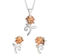 Disney Beauty and the Beast Sterling Silver Belle Rose Stud Earrings and Necklace Set, Official License