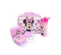Disney Borsa pranzo rosa di Minnie Mouse per bambine | Borraccia riutilizzabile e 3 contenitori per snack | Set per il ritorno a scuola con cuori, stelle e righe | Kit pranzo con chiusura a zip
