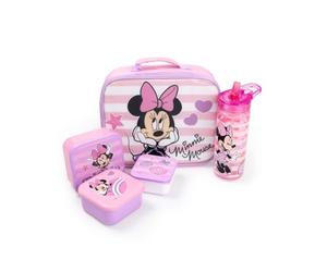 Disney Borsa pranzo rosa di Minnie Mouse per bambine | Borraccia riutilizzabile e 3 contenitori per snack | Set per il ritorno a scuola con cuori, stelle e righe | Kit pranzo con chiusura a zip