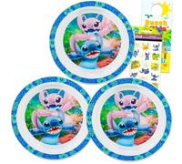 Disney Confezione da 3 piatti da tavola Stitch con 3 piatti di plastica Stitch e Angel, per bambini più adesivi, più stoviglie per ragazze, bambini e bambini