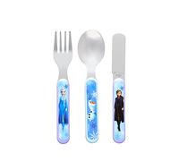 Disney Frozen II - Set di 3 posate in metallo, con coltello, forchetta e cucchiaio, riutilizzabili, per bambini, in acciaio inox e plastica ABS, per uso alimentare, con Elsa, Anna e Olaf, per bambini