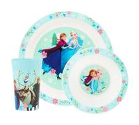 Disney Frozen - Set da tavola per bambini, 3 pezzi, in polipropilene, piatto, ciotola e bicchiere con Anna, Elsa, Olaf, Kristoff e Sven, adatto al microonde e alla lavastoviglie, adatto per bambini