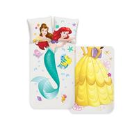 Disney Home Princess - Set di biancheria da letto double-face per bambini, 135 x 200 - 1 federa 80 x 80 cm, Ariel & Belle, 2 pezzi, biancheria da letto da principessa, 100% cotone, morbido e piacevole