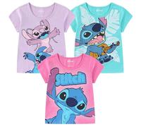 Disney Lilo & Stitch - Confezione da 3 magliette a maniche corte per bambine grandi, blu/rosa/viola, 14