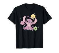Disney Lilo & Stitch Cute Angel Floral Sparkles Chest Logo Maglietta