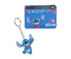 Disney Lilo & Stitch - Set regalo da donna con portafoglio blu, porta carte e portachiavi con design floreale, merchandising retrò per tutte le età | Merch Lilo & Stitch