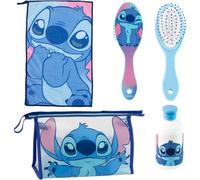 Stitch - Set da viaggio unisex con trousse trasparente con cerniera, spazzola per capelli, bottiglia riutilizzabile e asciugamano, accessori da bagno, licenza ufficiale Disney, colore rosa