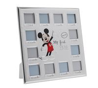 Disney - Mickey Mouse - Cornice portafoto in vero argento multiplo a 12 aperture 'My First Year' - Prodotto con licenza Disney - Retro in legno autoportante - Primi anni - Nuovo Bimbo - Regalo Nascita