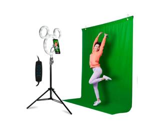 Disney Mickey Mouse Fotostudio Creator - Luce ad anello per selfie con cavalletto - Kit schermo verde con sfondo per foto e scatto remoto Bluetooth Ultimate Tiktok/YouTube