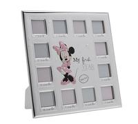 Disney - Minnie Mouse - Cornice portafoto in vero argento multiplo a 12 aperture 'My First Year' - Made in Italy Licenza Disney Merchandise Autoportante Retro Legno Primi Anni - New Girl Baby, Regalo