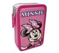 Disney Minnie Mouse Cuoricino Astuccio Multiscomparto 3 Zip per la Scuola Completo 44 Pezzi Penne Matite Colori Pennarelli Giotto
